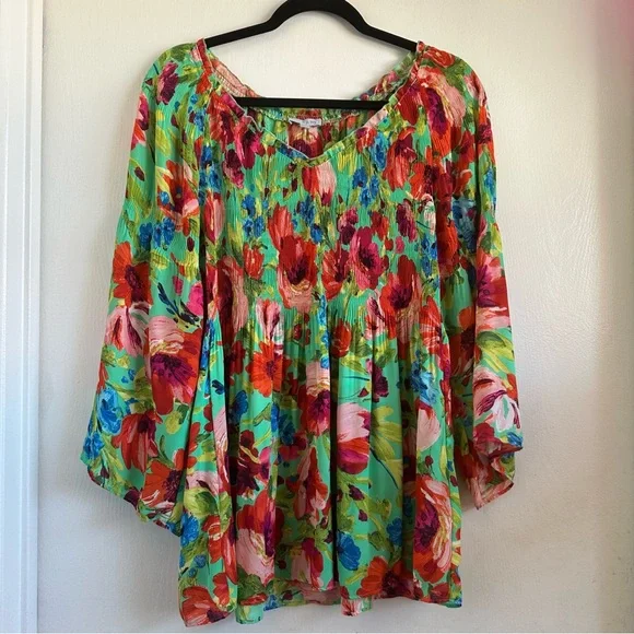 Floral & Ivy Vibrant Floral Lightweight Stretchy Ruffled 3/4 Sleeve Blouse Sz L - Picture 1 of 8